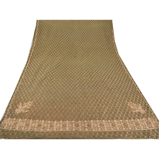 Sanskriti Vintage Green Sarees Georgette Hand Beaded Woven Fabric Cultural Sari