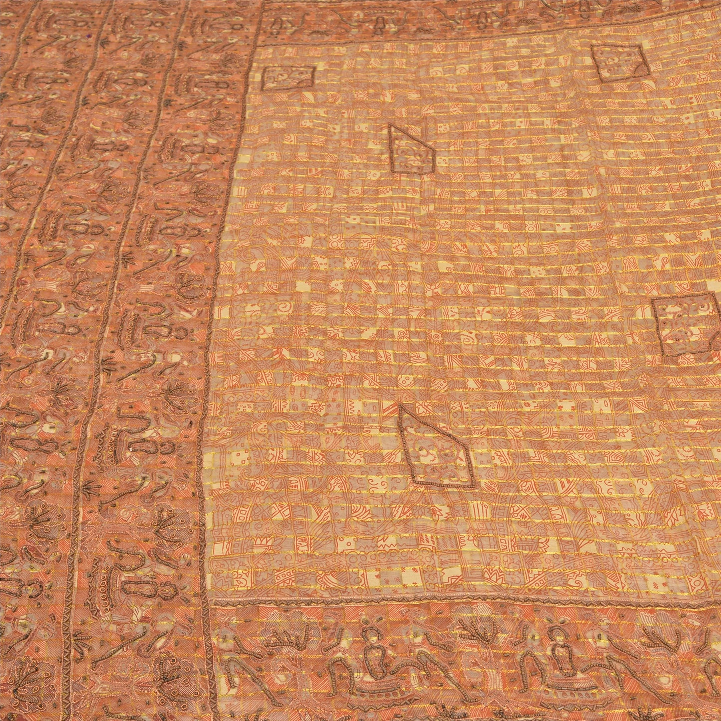 Sanskriti Vintage Cream Sarees Pure Organza Silk Hand Beaded Craft Fabric Sari