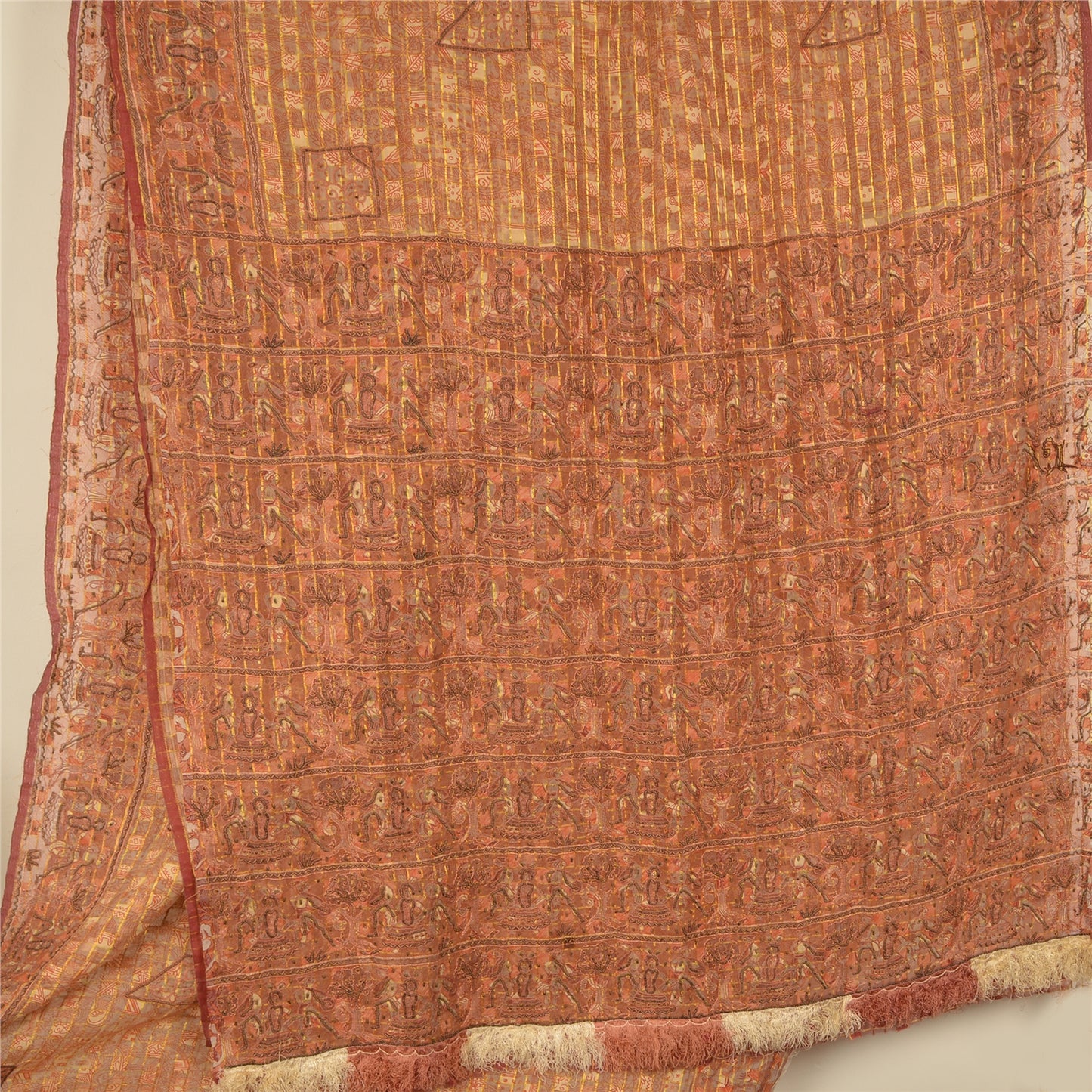 Sanskriti Vintage Cream Sarees Pure Organza Silk Hand Beaded Craft Fabric Sari