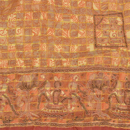 Sanskriti Vintage Cream Sarees Pure Organza Silk Hand Beaded Craft Fabric Sari