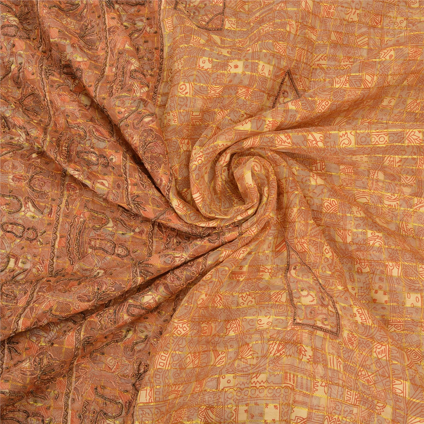 Sanskriti Vintage Cream Sarees Pure Organza Silk Hand Beaded Craft Fabric Sari