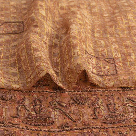 Sanskriti Vintage Cream Sarees Pure Organza Silk Hand Beaded Craft Fabric Sari