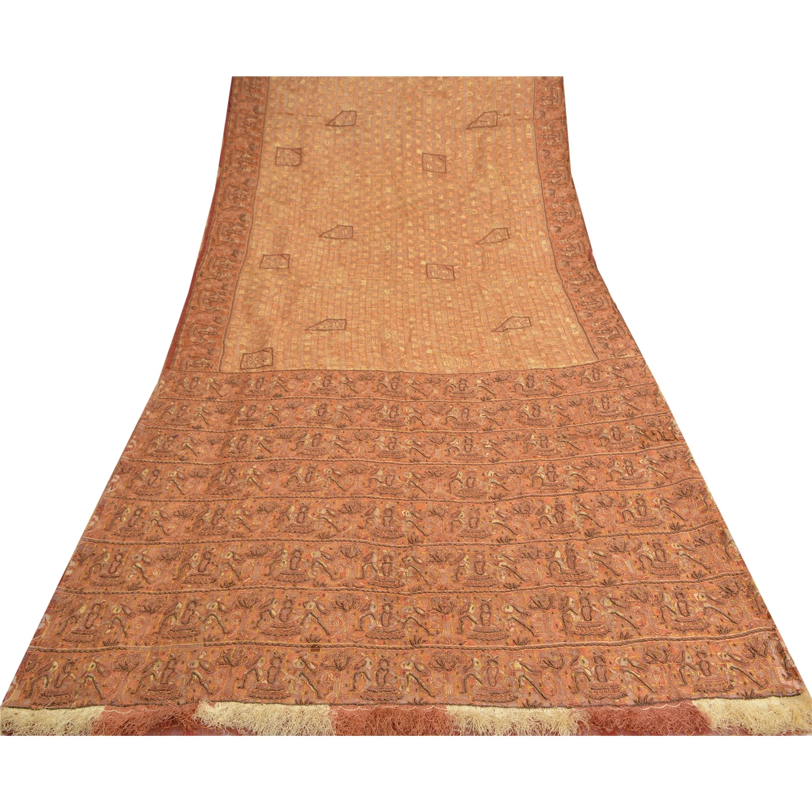 Sanskriti Vintage Cream Sarees Pure Organza Silk Hand Beaded Craft Fabric Sari