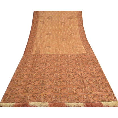 Sanskriti Vintage Cream Sarees Pure Organza Silk Hand Beaded Craft Fabric Sari