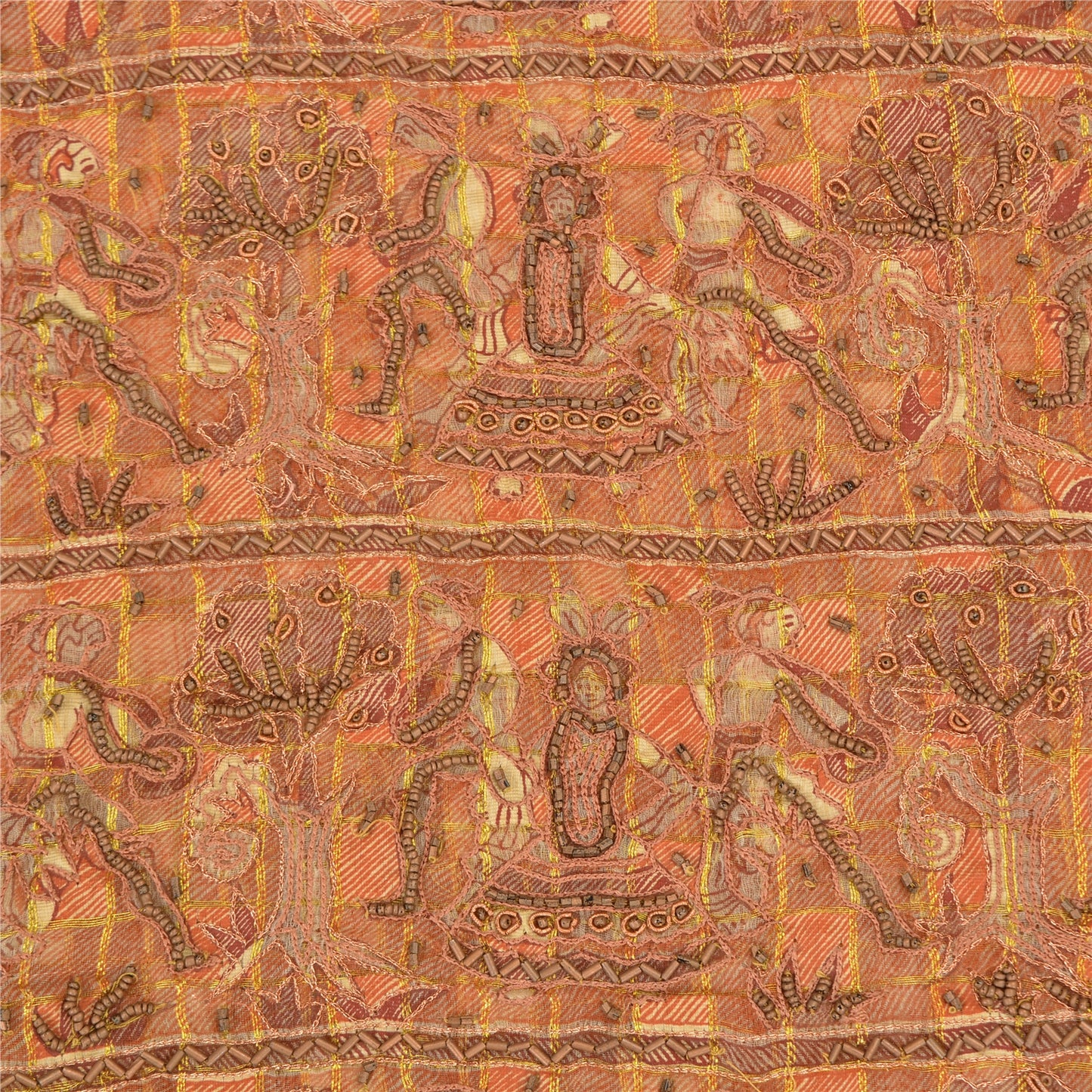 Sanskriti Vintage Cream Sarees Pure Organza Silk Hand Beaded Craft Fabric Sari