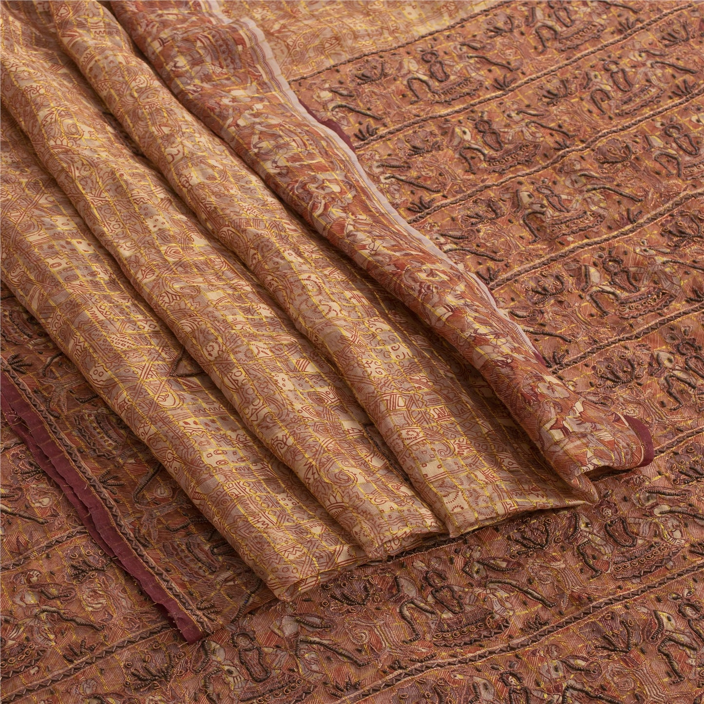 Sanskriti Vintage Cream Sarees Pure Organza Silk Hand Beaded Craft Fabric Sari