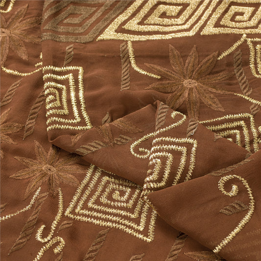 Sanskriti Vintage Brown Sarees Pure Georgette Silk Embroidered Craft Fabric Sari