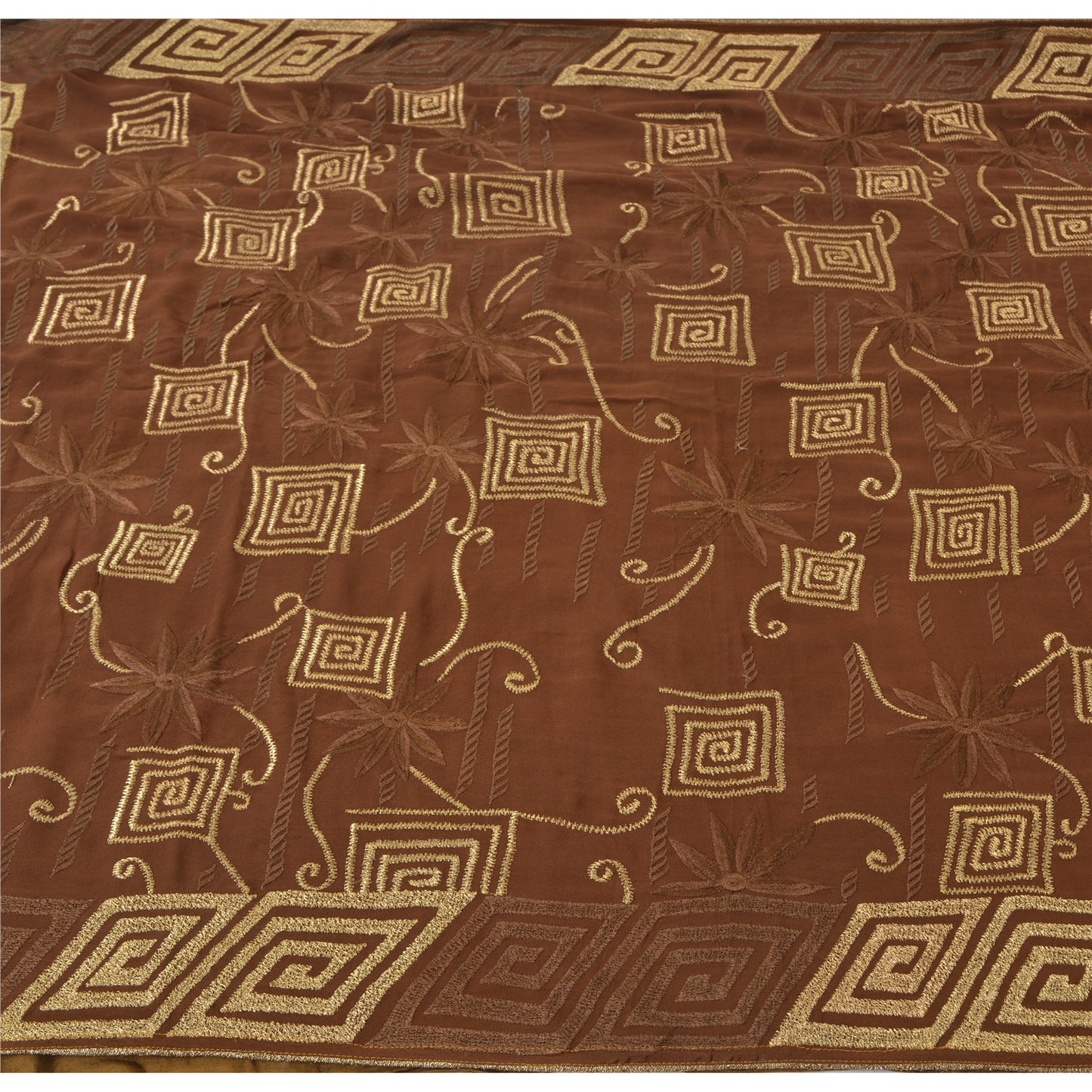 Sanskriti Vintage Brown Sarees Pure Georgette Silk Embroidered Craft Fabric Sari