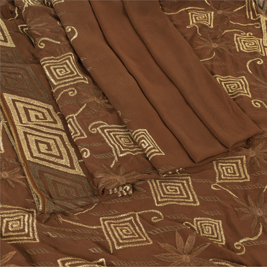 Sanskriti Vintage Brown Sarees Pure Georgette Silk Embroidered Craft Fabric Sari