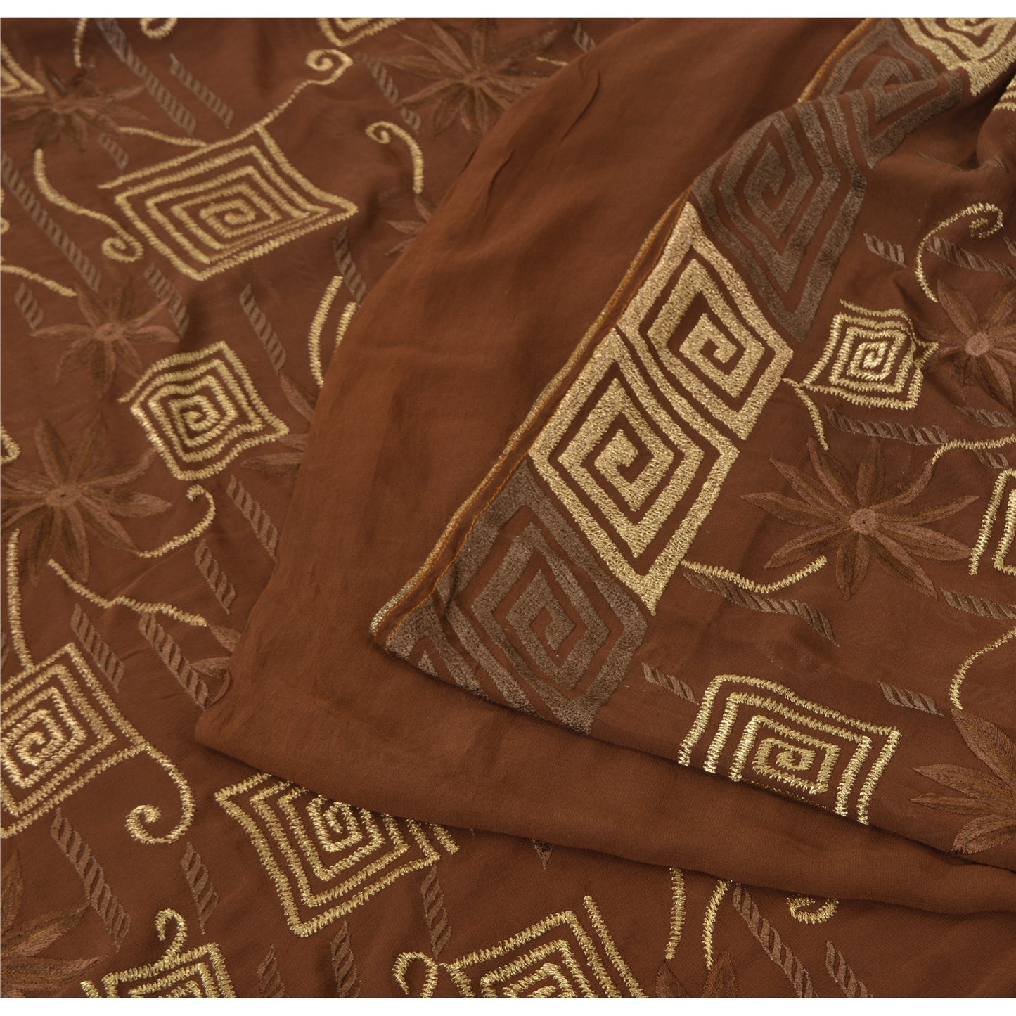 Sanskriti Vintage Brown Sarees Pure Georgette Silk Embroidered Craft Fabric Sari