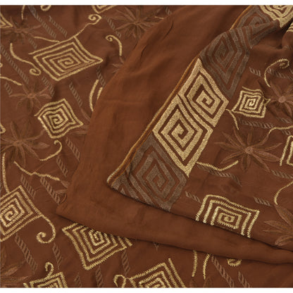 Sanskriti Vintage Brown Sarees Pure Georgette Silk Embroidered Craft Fabric Sari