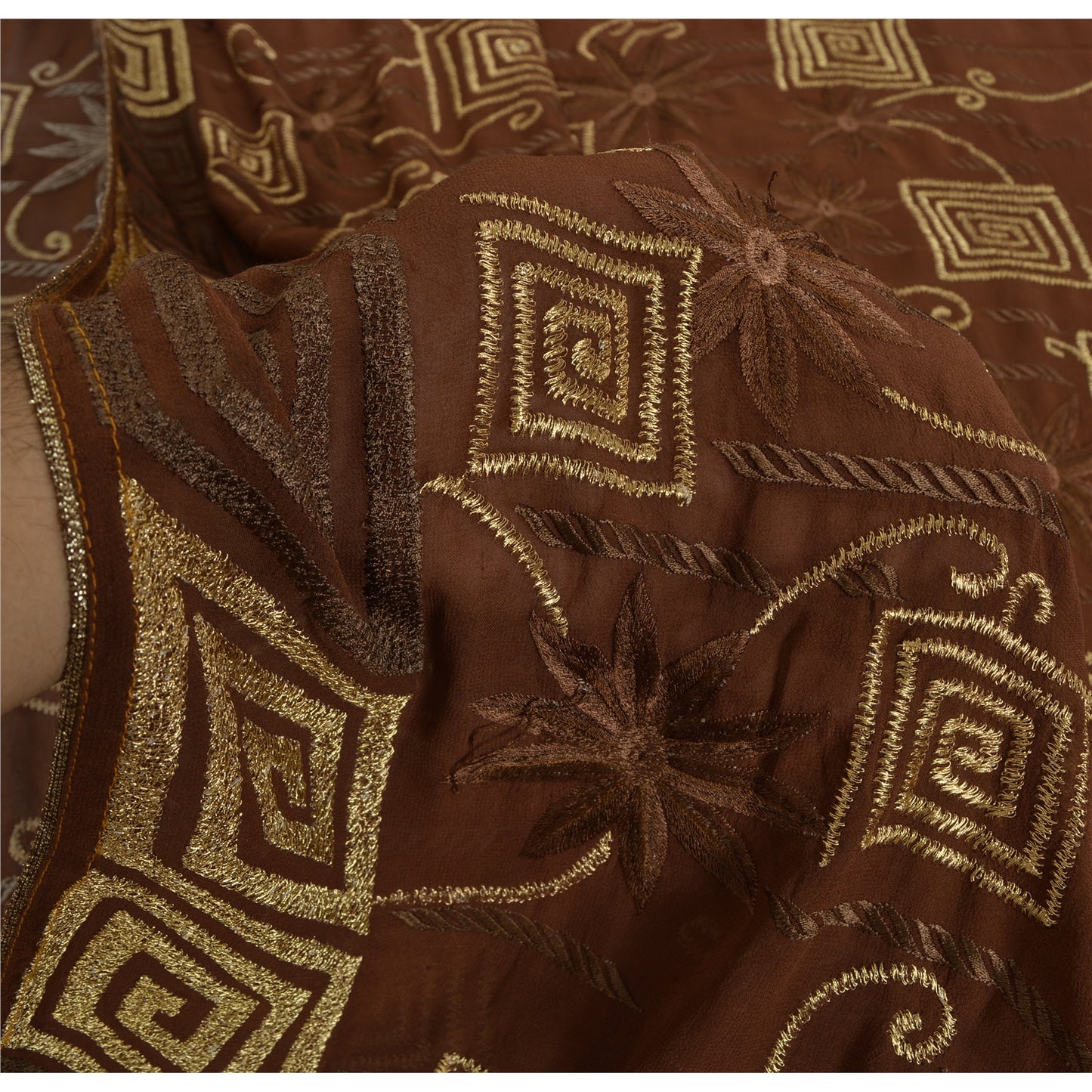 Sanskriti Vintage Brown Sarees Pure Georgette Silk Embroidered Craft Fabric Sari