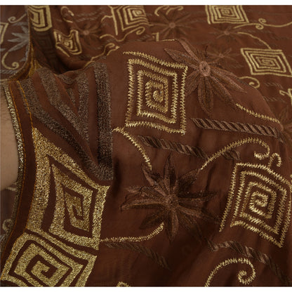 Sanskriti Vintage Brown Sarees Pure Georgette Silk Embroidered Craft Fabric Sari