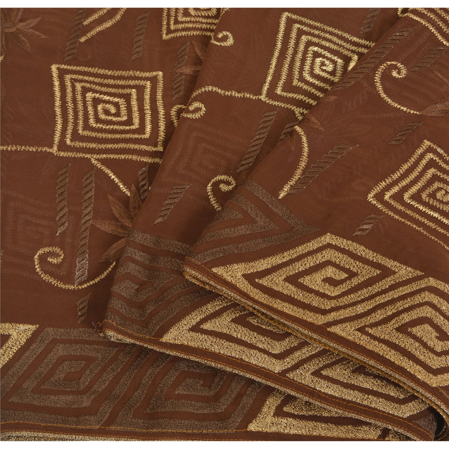 Sanskriti Vintage Brown Sarees Pure Georgette Silk Embroidered Craft Fabric Sari
