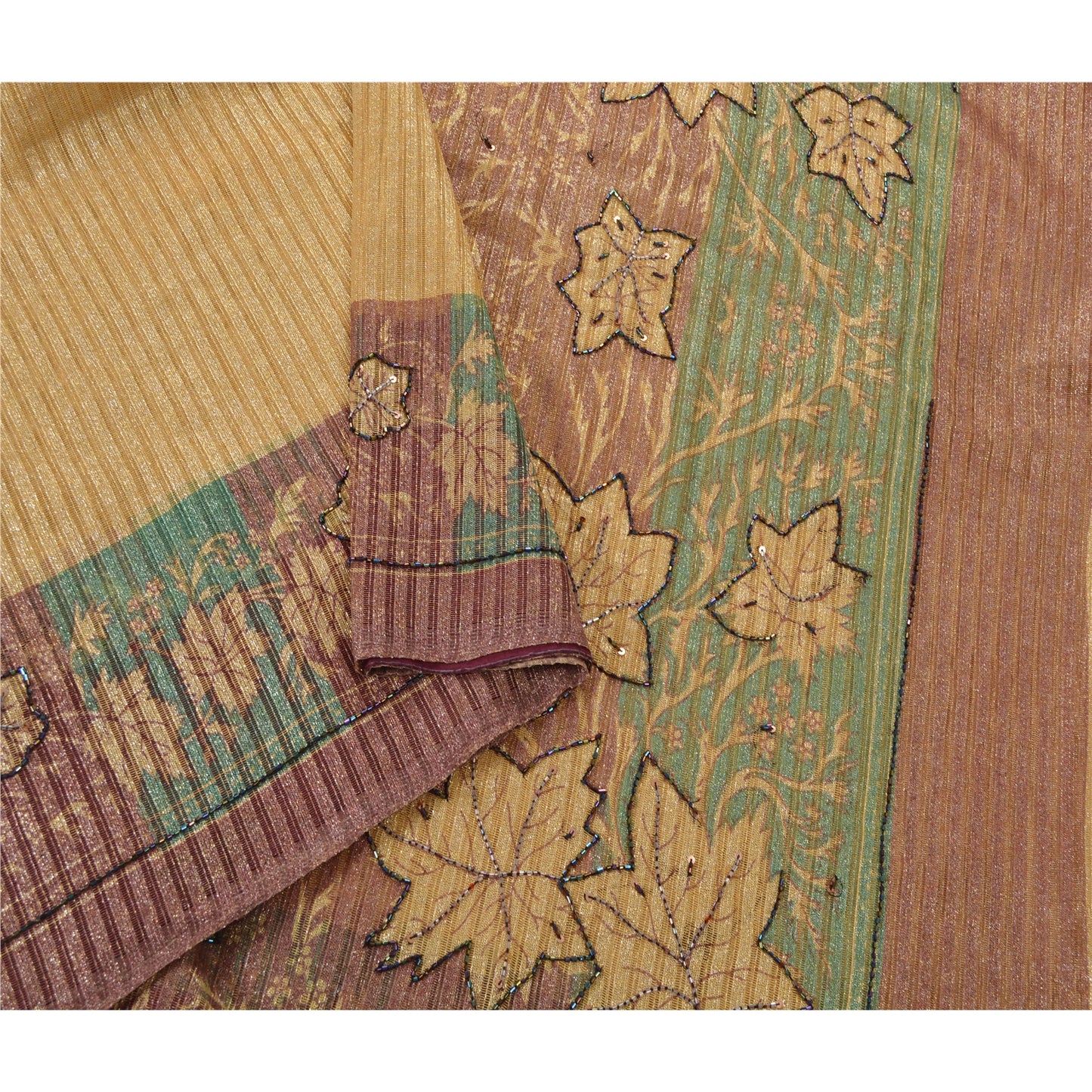 Sanskriti Vintage Sarees Cream Net Mesh Hand Beaded Woven Fabric Premium Sari