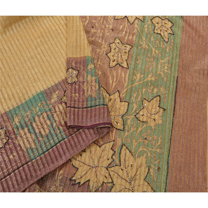 Sanskriti Vintage Sarees Cream Net Mesh Hand Beaded Woven Fabric Premium Sari
