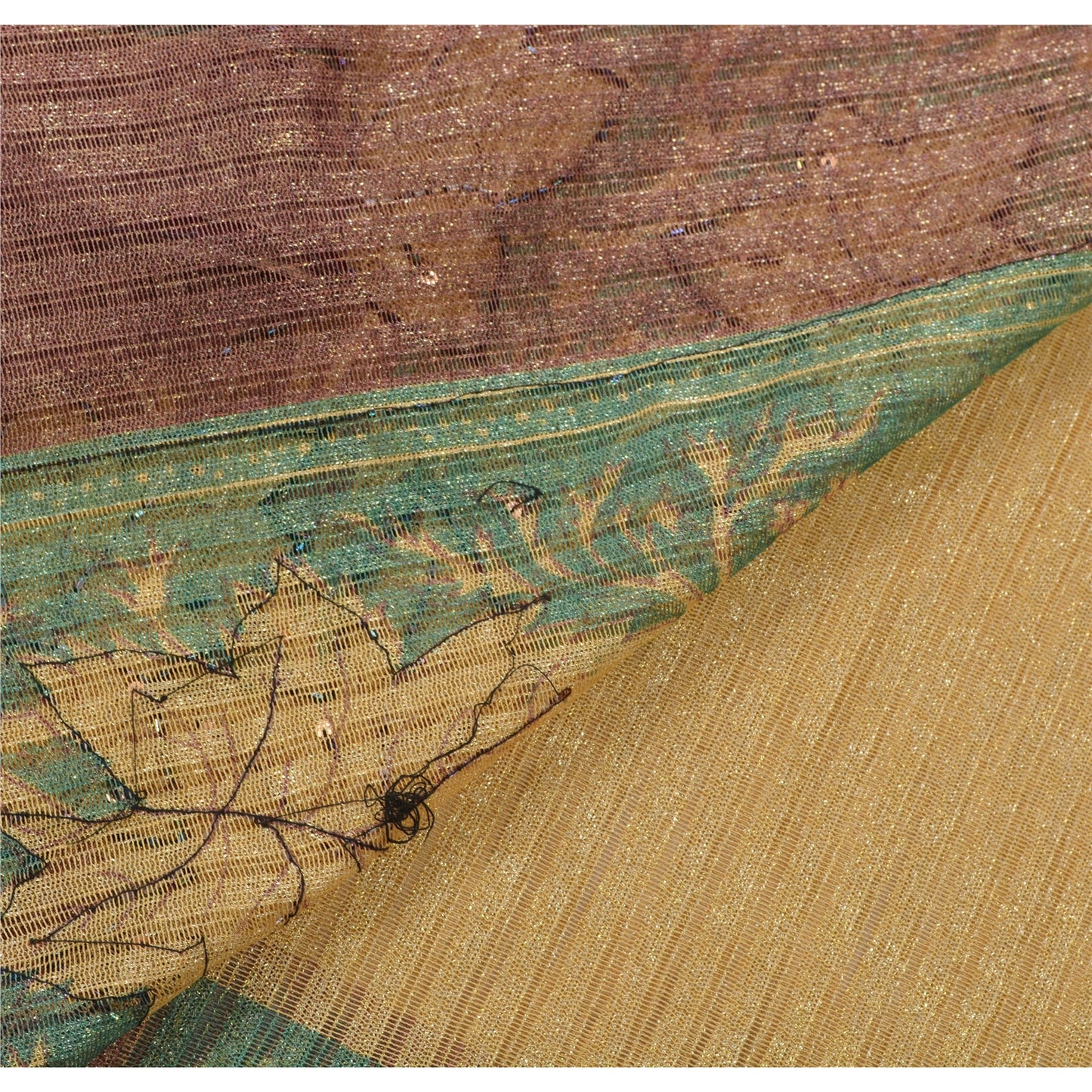 Sanskriti Vintage Sarees Cream Net Mesh Hand Beaded Woven Fabric Premium Sari