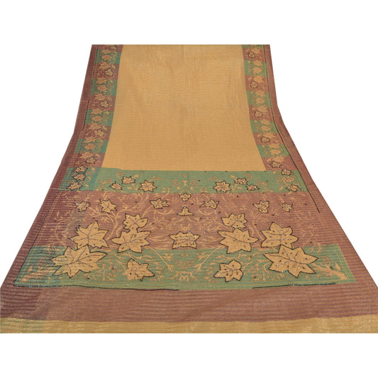 Sanskriti Vintage Sarees Cream Net Mesh Hand Beaded Woven Fabric Premium Sari