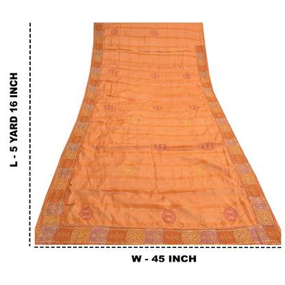 Sanskriti Vintage Sarees Pure Silk Embroidered Orange Craft Fabric 5 YD Sari