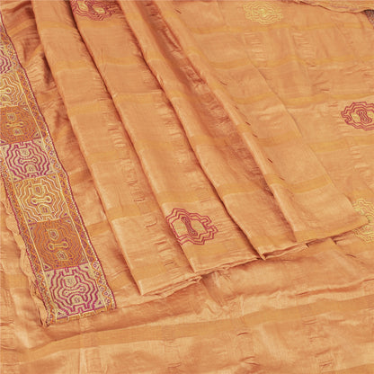 Sanskriti Vintage Sarees Pure Silk Embroidered Orange Craft Fabric 5 YD Sari