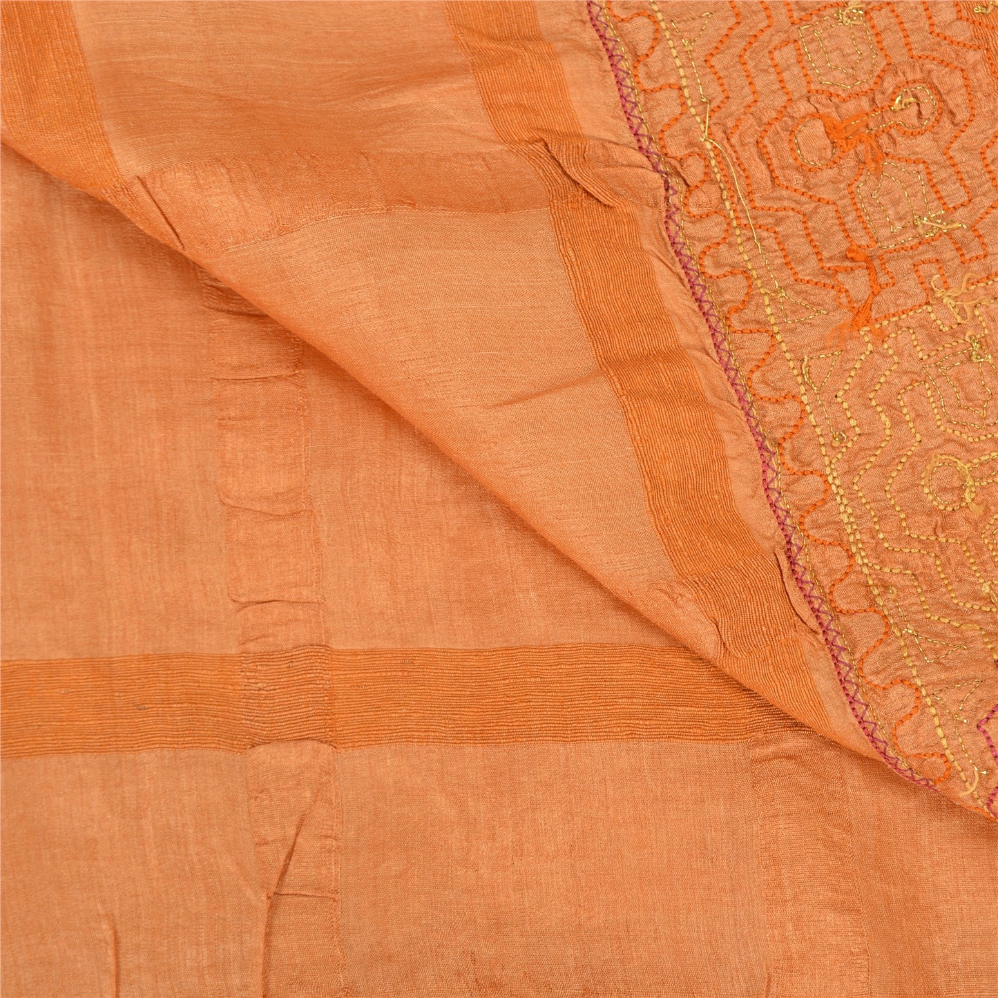 Sanskriti Vintage Sarees Pure Silk Embroidered Orange Craft Fabric 5 YD Sari
