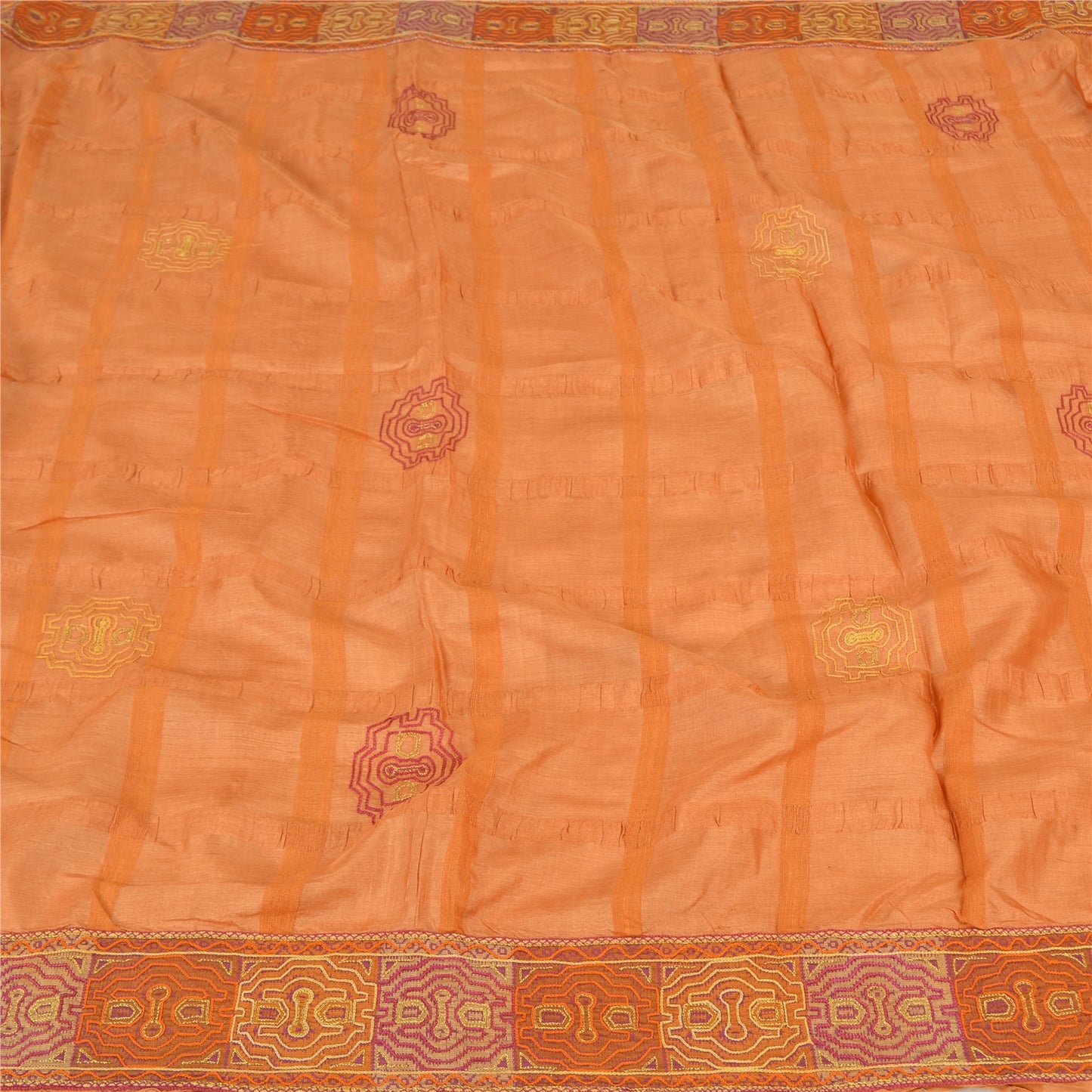 Sanskriti Vintage Sarees Pure Silk Embroidered Orange Craft Fabric 5 YD Sari
