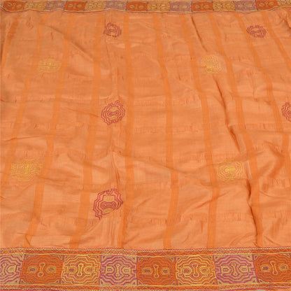 Sanskriti Vintage Sarees Pure Silk Embroidered Orange Craft Fabric 5 YD Sari