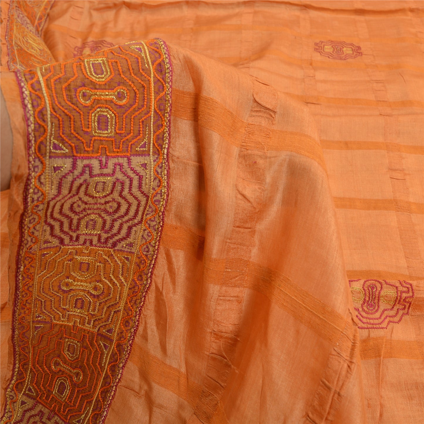 Sanskriti Vintage Sarees Pure Silk Embroidered Orange Craft Fabric 5 YD Sari