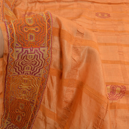 Sanskriti Vintage Sarees Pure Silk Embroidered Orange Craft Fabric 5 YD Sari