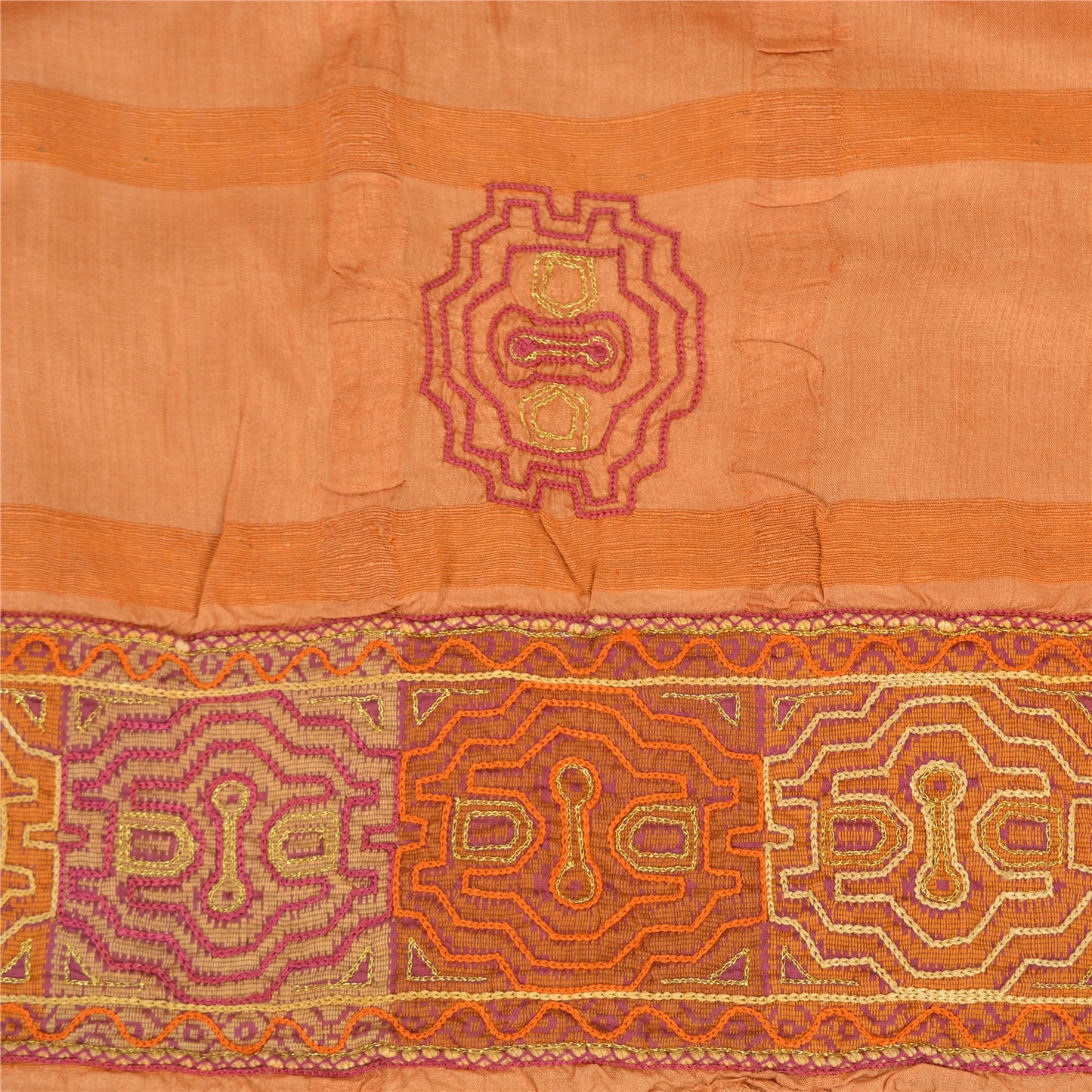 Sanskriti Vintage Sarees Pure Silk Embroidered Orange Craft Fabric 5 YD Sari