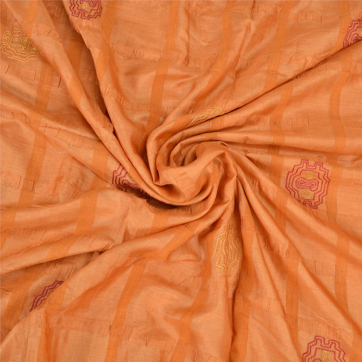 Sanskriti Vintage Sarees Pure Silk Embroidered Orange Craft Fabric 5 YD Sari