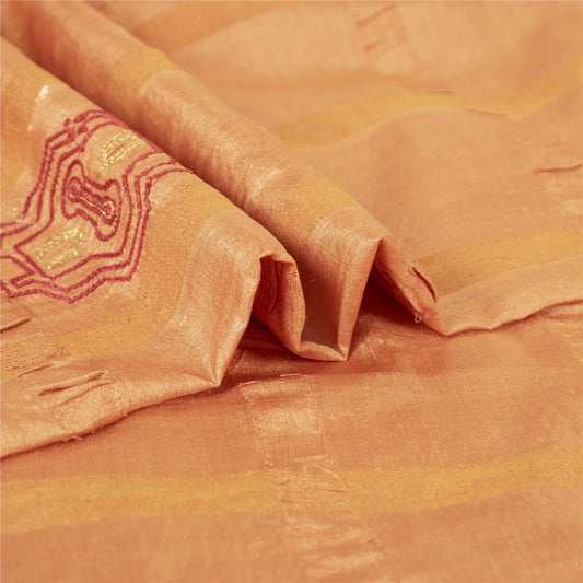 Sanskriti Vintage Sarees Pure Silk Embroidered Orange Craft Fabric 5 YD Sari