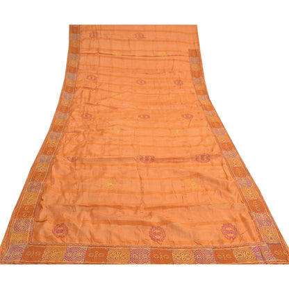 Sanskriti Vintage Sarees Pure Silk Embroidered Orange Craft Fabric 5 YD Sari