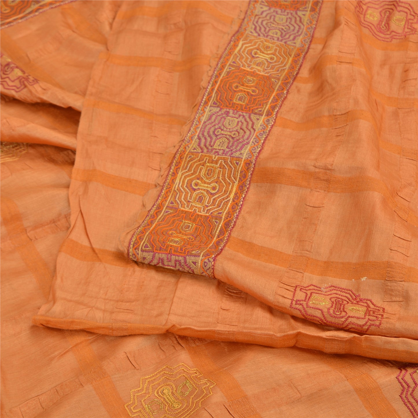 Sanskriti Vintage Sarees Pure Silk Embroidered Orange Craft Fabric 5 YD Sari