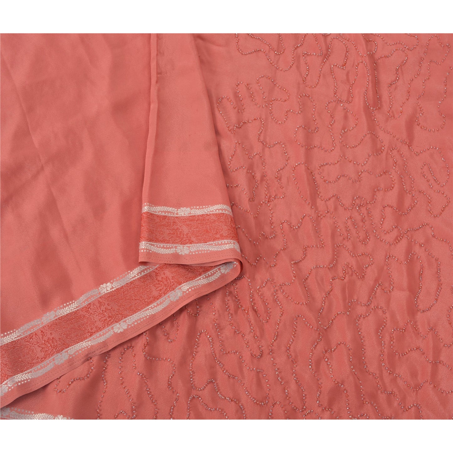 Sanskriti Vintage Pink Sarees Crepe Hand Beaded Craft Soft Fabric Premium Sari