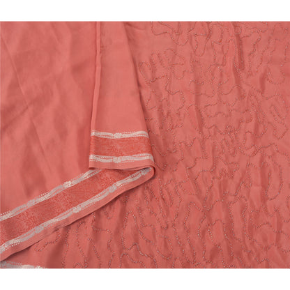 Sanskriti Vintage Pink Sarees Crepe Hand Beaded Craft Soft Fabric Premium Sari