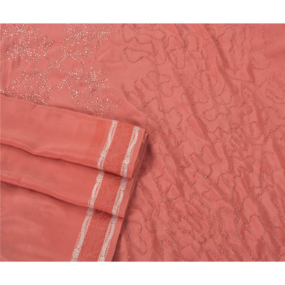 Sanskriti Vintage Pink Sarees Crepe Hand Beaded Craft Soft Fabric Premium Sari