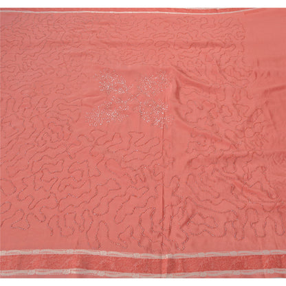 Sanskriti Vintage Pink Sarees Crepe Hand Beaded Craft Soft Fabric Premium Sari