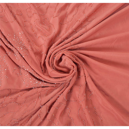 Sanskriti Vintage Pink Sarees Crepe Hand Beaded Craft Soft Fabric Premium Sari