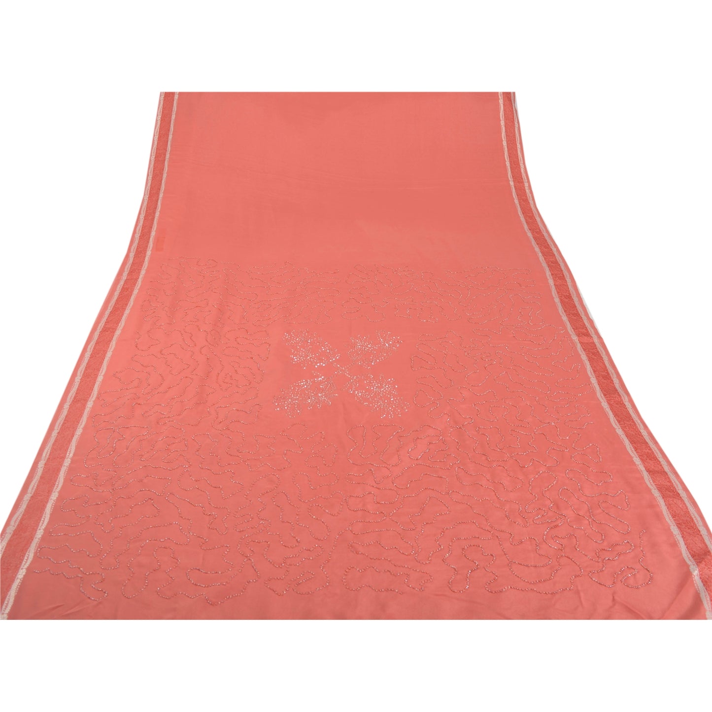 Sanskriti Vintage Pink Sarees Crepe Hand Beaded Craft Soft Fabric Premium Sari