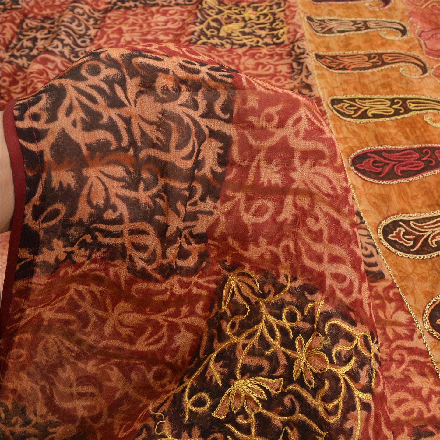 Sanskriti Vintage Brown Sarees Blend Georgette Hand Embroidered Fabric Sari