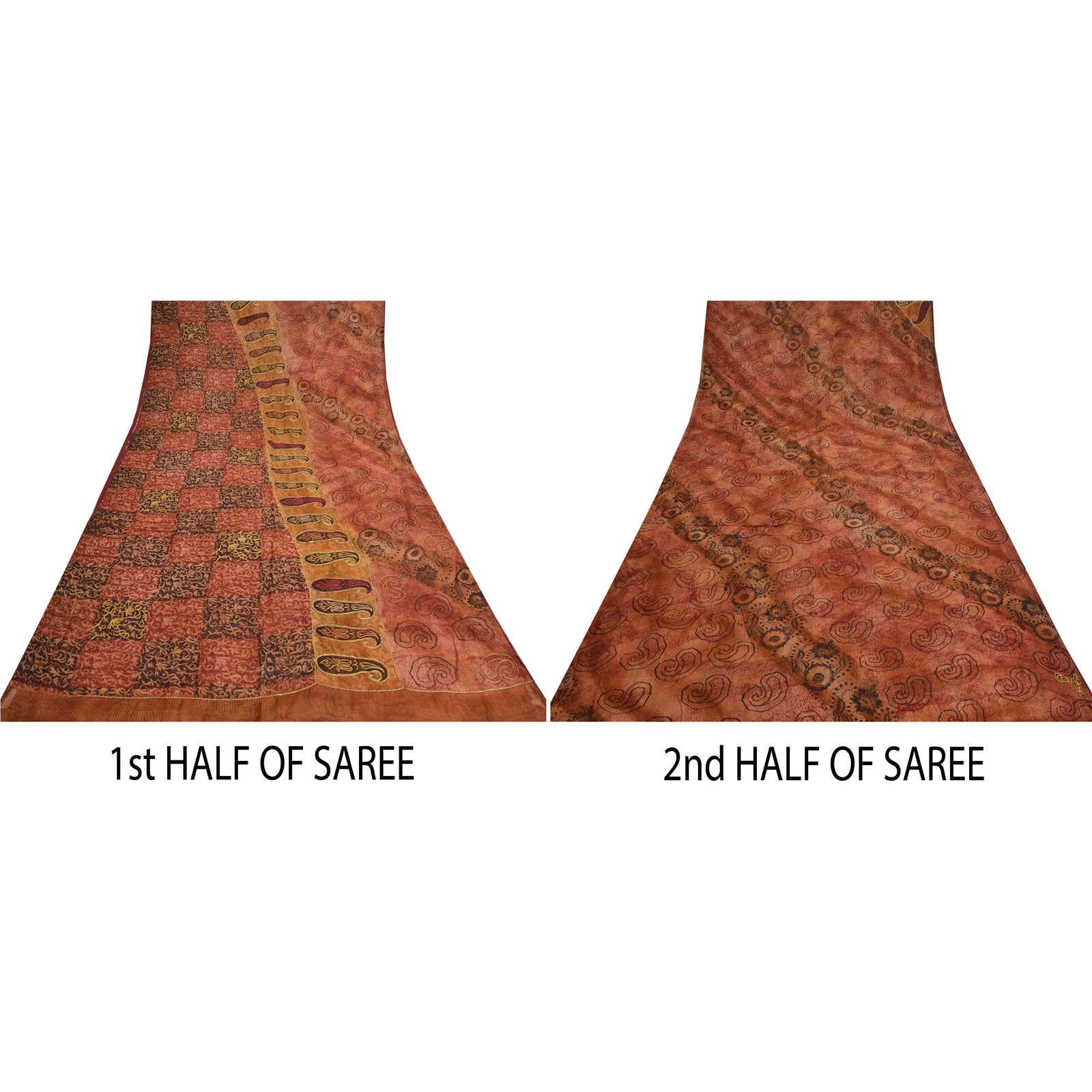 Sanskriti Vintage Sari Blend Georgette Brown Saree Hand Embroidered Thread Work 5yd Craft Fabric For Crafting, Upcycling, Even Wearing