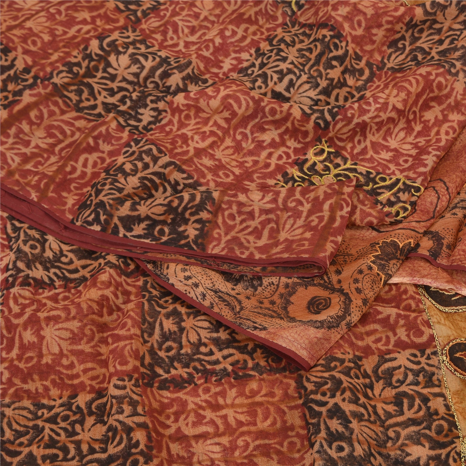 Sanskriti Vintage Sari Blend Georgette Brown Saree Hand Embroidered Thread Work 5yd Craft Fabric For Crafting, Upcycling, Even Wearing