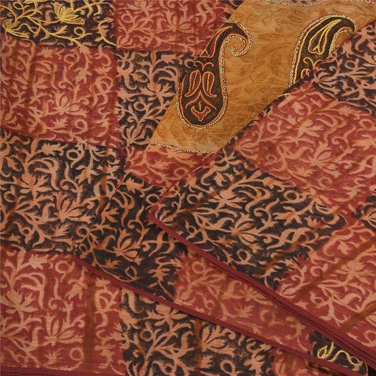Sanskriti Vintage Brown Sarees Blend Georgette Hand Embroidered Fabric Sari