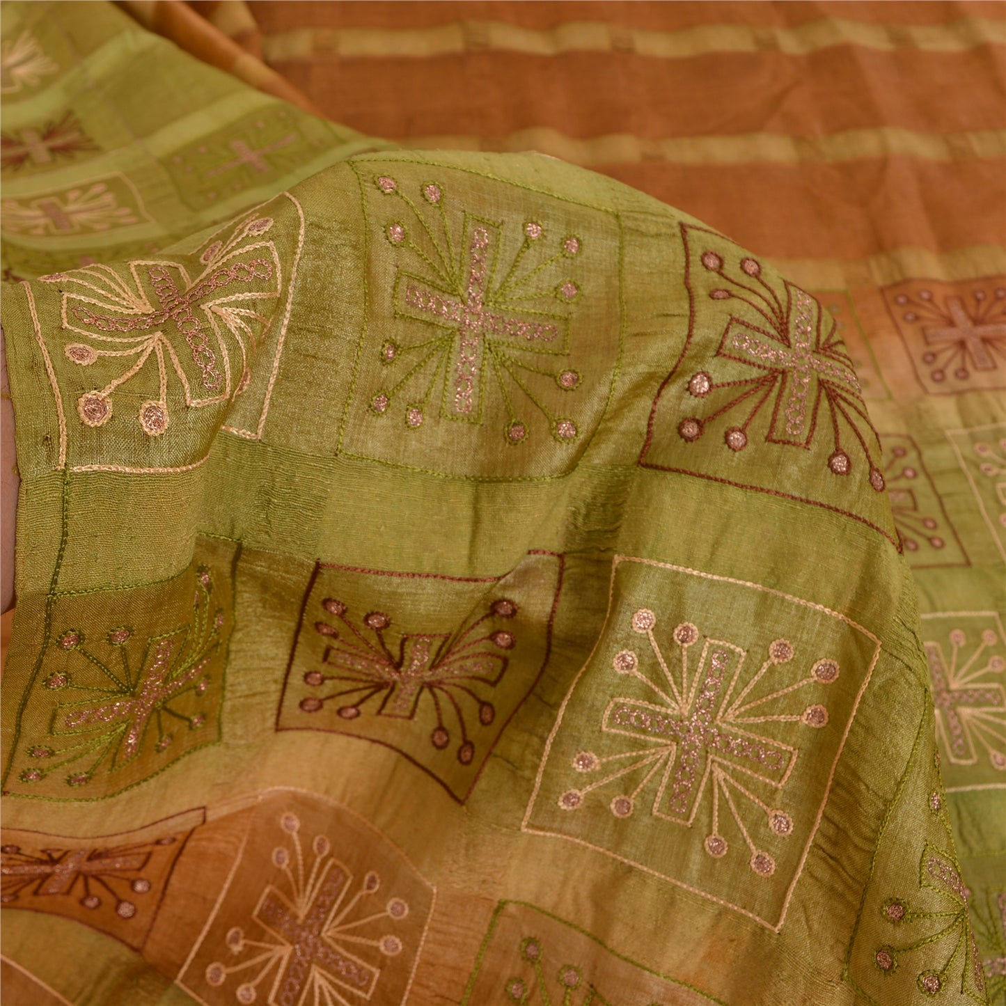 Sanskriti Vintage Brown Sarees Pure Silk Hand Embroidered Fabric 5yrd Sari
