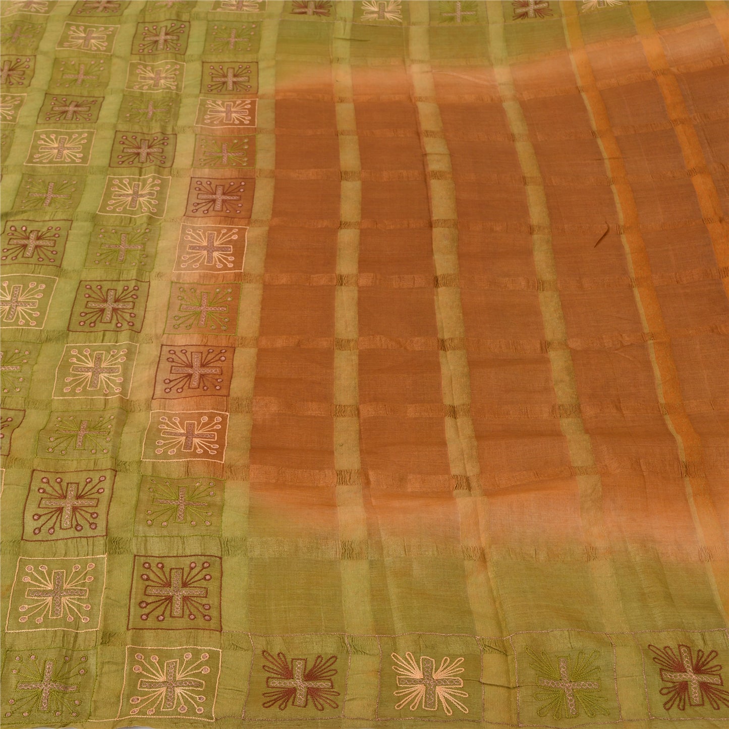 Sanskriti Vintage Brown Sarees Pure Silk Hand Embroidered Fabric 5yrd Sari