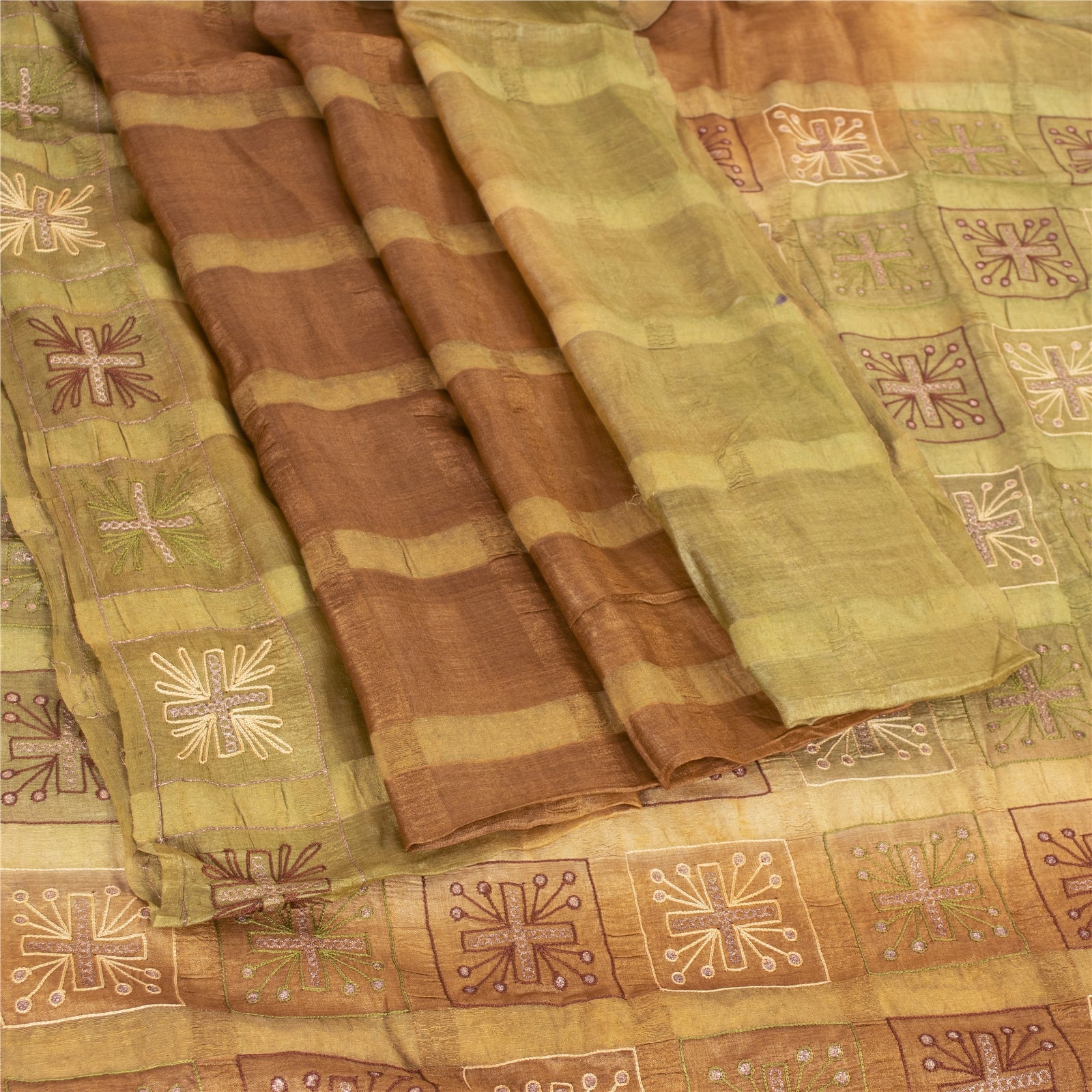 Sanskriti Vintage Brown Sarees Pure Silk Hand Embroidered Fabric 5yrd Sari