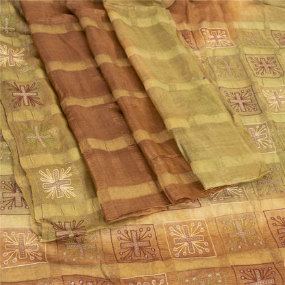 Sanskriti Vintage Brown Sarees Pure Silk Hand Embroidered Fabric 5yrd Sari