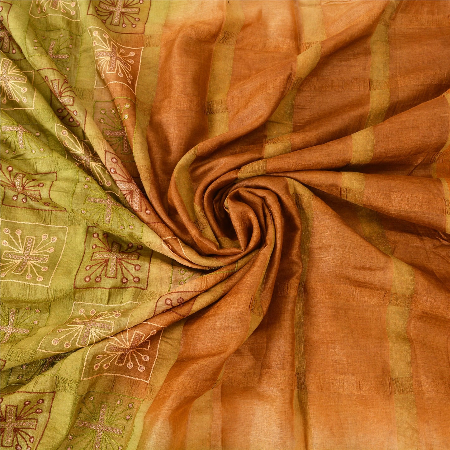 Sanskriti Vintage Brown Sarees Pure Silk Hand Embroidered Fabric 5yrd Sari