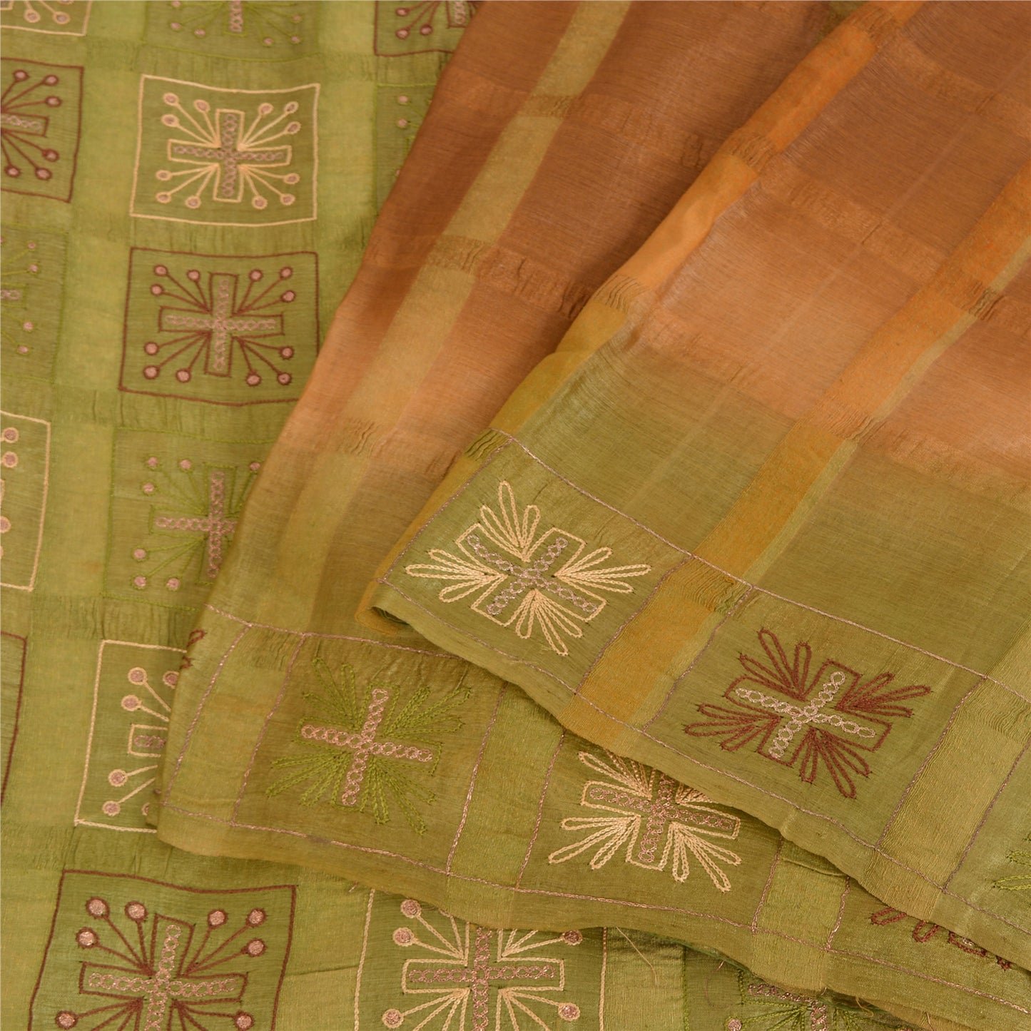 Sanskriti Vintage Brown Sarees Pure Silk Hand Embroidered Fabric 5yrd Sari
